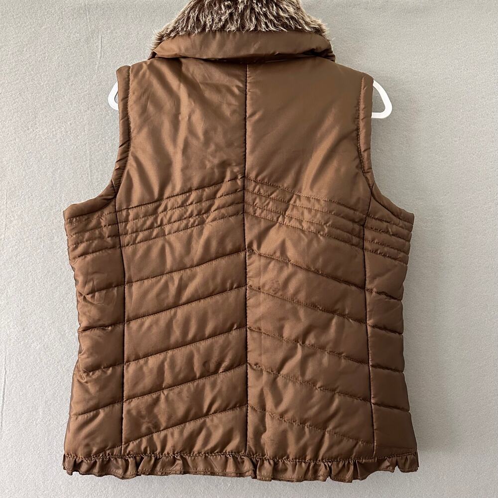 New Directions Brown Puffer Vest W/ Faux Fur Collar And Ruffle Detail Womens XL - Picture 5 of 12
